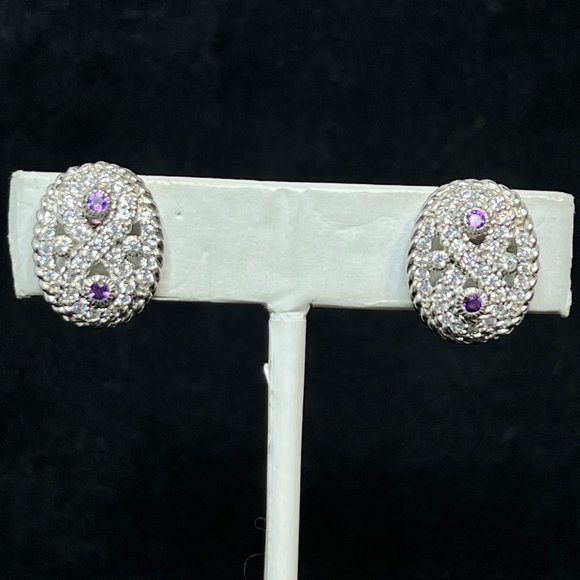 VTG Judith Ripka Sterling Silver Amethyst & CZ Clip On Earrings Signed (3549) - Picture 1 of 9